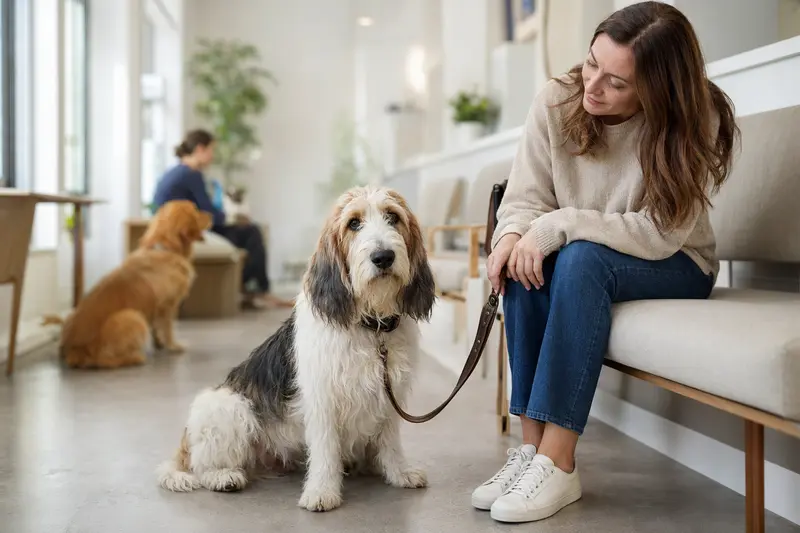 Ein Grand Basset Griffon Vendéen sitzt ruhig neben seinem Besitzer im hellen Wartezimmer einer modernen Tierarztpraxis.